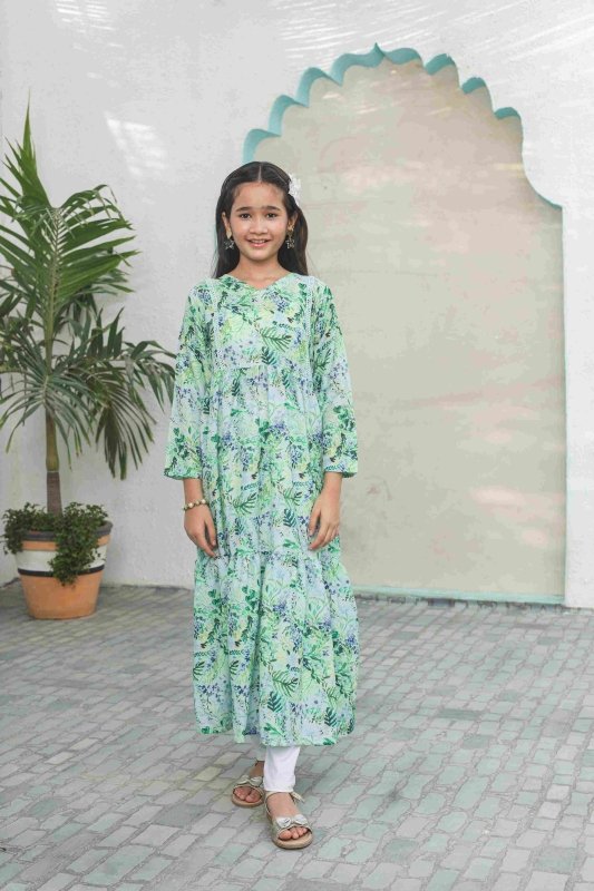 🌿 Emerald Leaf Long Frock